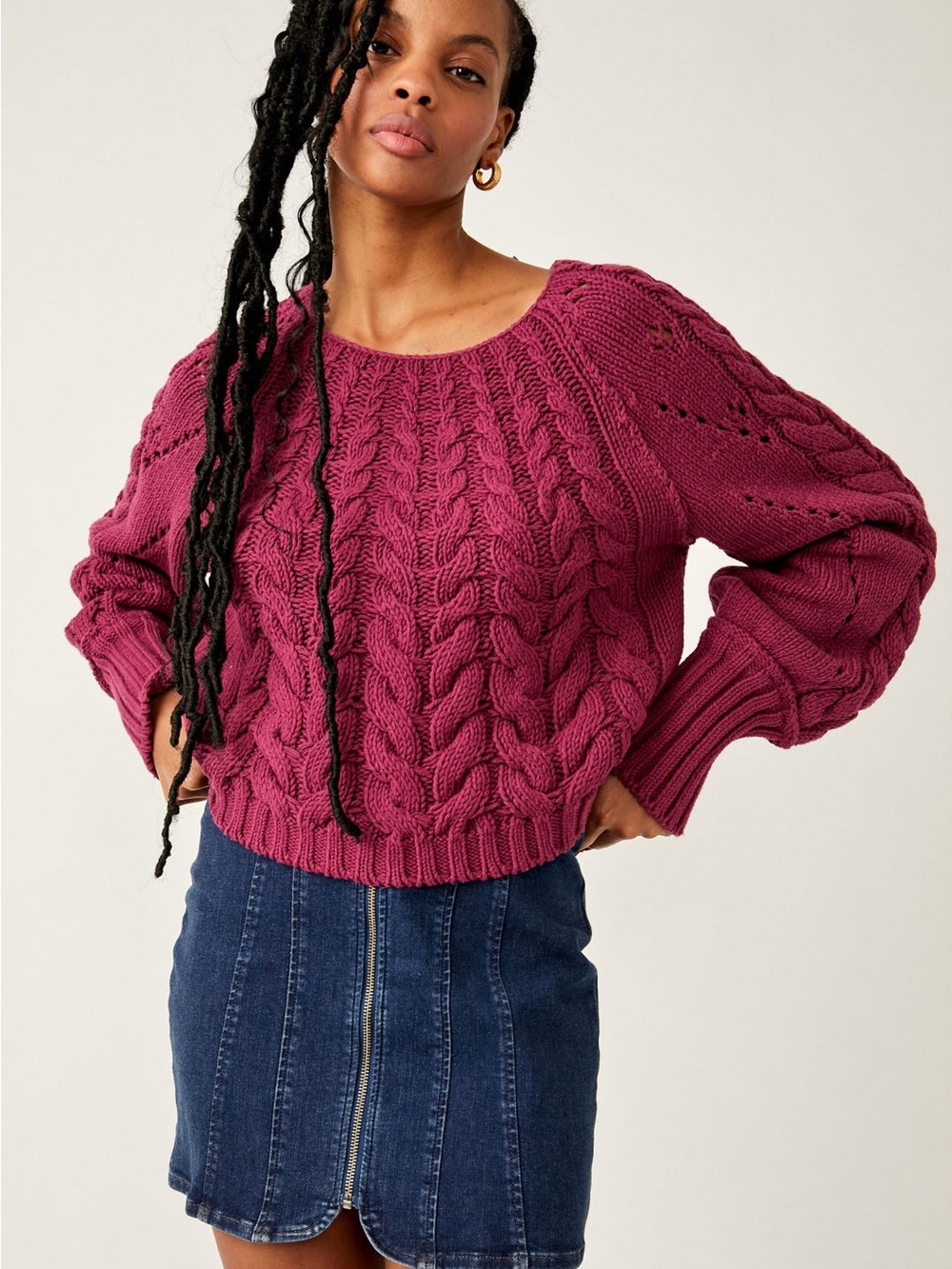Free People Sandre Cable Knit Sweater Womens Cropped Slouchy Pullover Purple S